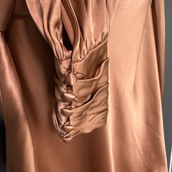 NWT Cinq A Sept Size L Taylee Metallic Brown Silk Satin Long Sleeve Blouse new - Picture 8 of 14